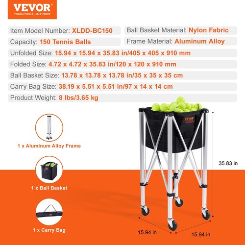 VEVOR Foldable Tennis Ball Hopper, Holds 150 Tennis Balls, Lightweight Aluminum Alloy Tennis Ball Basket Cart with Wheels, Removable Bag,Carry Bag, Portable Sports Teaching Cart for Tennis Player