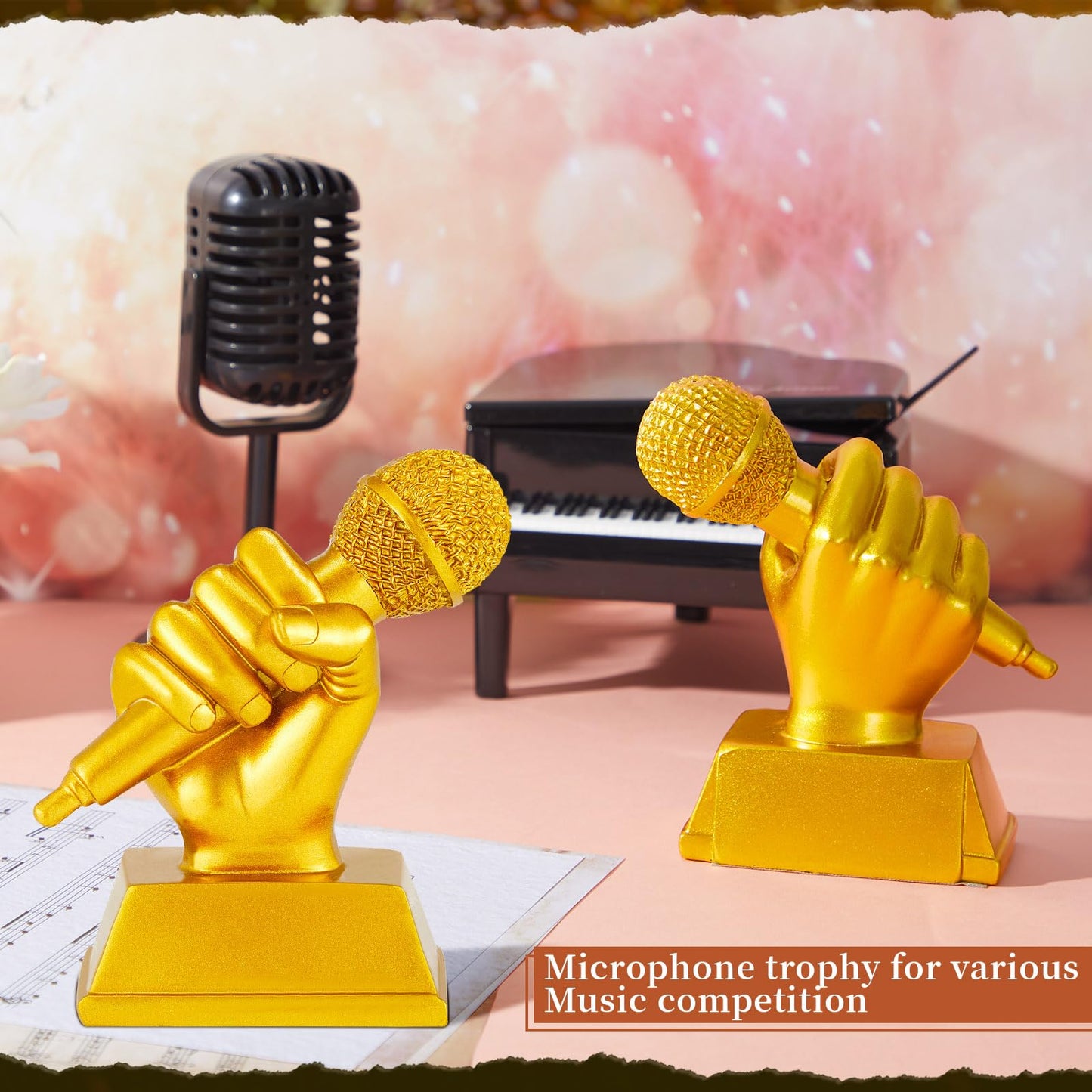 Hicarer 2 Pcs Golden Awards Microphone Trophy 6 Inch Resin Microphone Music Trophies Funny Trophy for Adult Singing Awards for Karaoke Competition Party Dance Appreciation Decoration