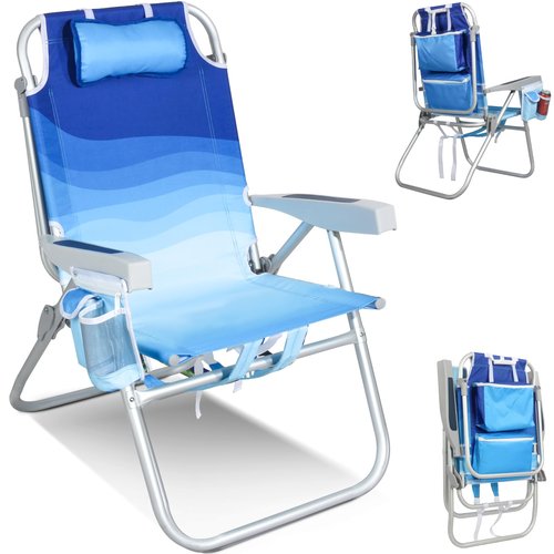 Tall Beach Chairs for Adults – 5-Position Reclining Backpack Chair with Large Insulated Cooler & Storage Pocket, Aluminum Frame, Portable for Travel & Outdoor, Supports 300lbs, Wave Blue