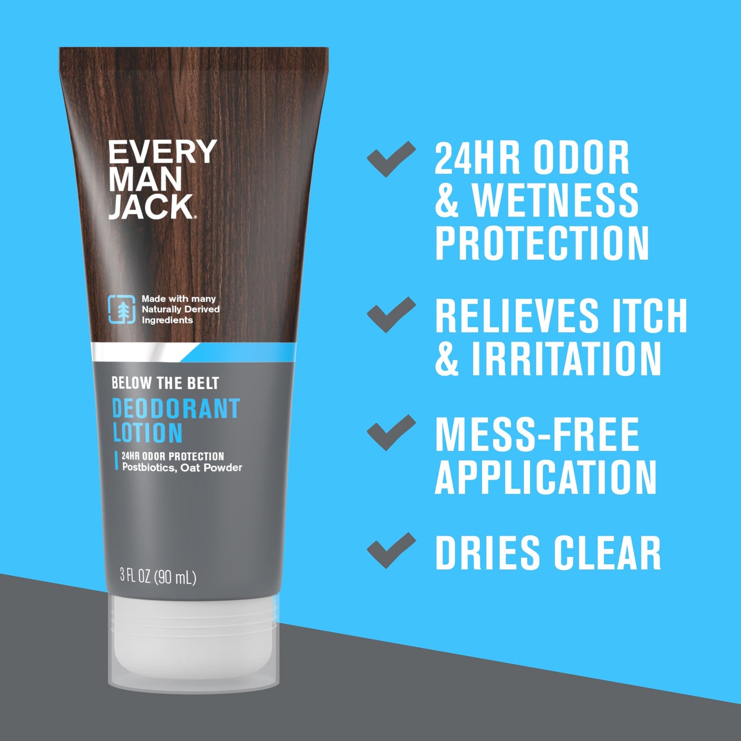 Every Man Jack Men's Ball Deodorant Lotion - Aluminum Free Odor & Wetness Protection - Made w/Naturally Derived Ingredients like Pre-biotics & Arrowroot Powder - Unscented - 3 fl oz - 1 Pack