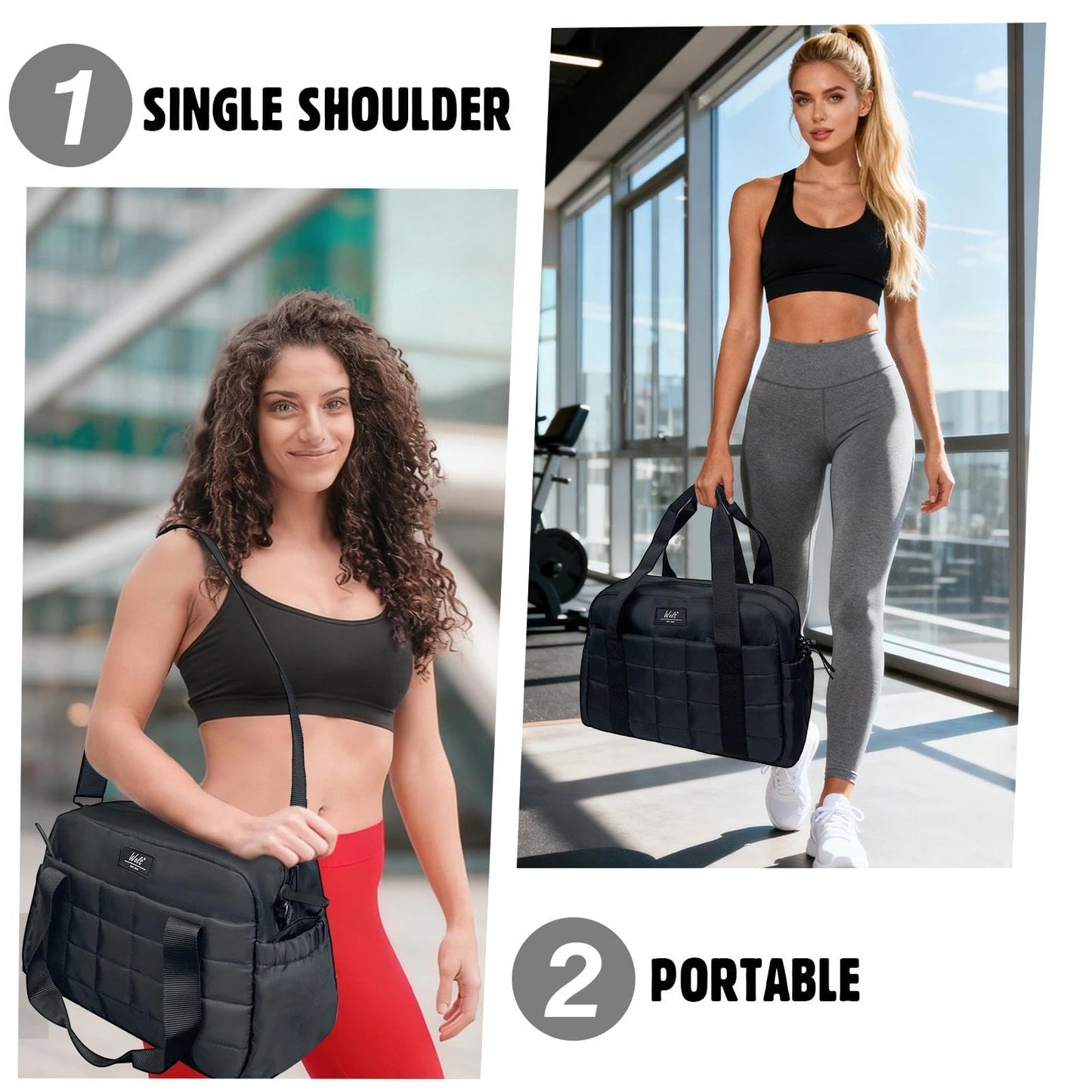 WOLT Small Gym Bag for Women, 14 inch Lightweight Gym Duffle Bag with Wet Compartment Quilted Tote for Sports Workout, Black