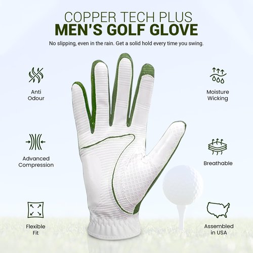Copper Tech Plus Men?™s Copper Infused Golf Glove ??White/Hunter Green ??Compression Fit, Arthritis Friendly, Non-Slip Grip, USGA Approved, One Size/Left Hand