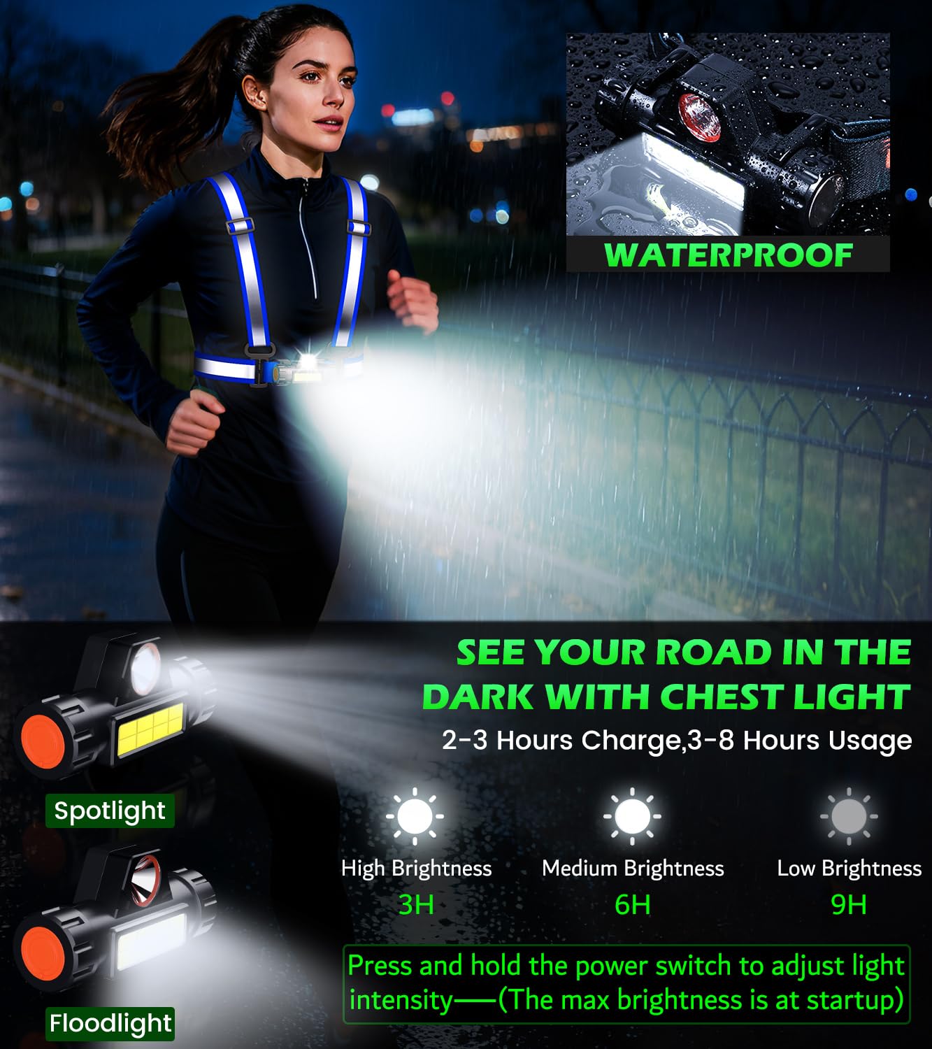Hoeraonr Running Lights for Runners,90°Adjustable LED Reflective Vest Running Gear,Rechargeable Chest Light Up Running Vest Night Walking Safety Gear for Night Walking/Cycling/Jogging (Blue)