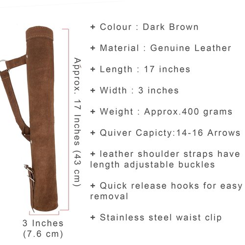 Brown Leather Archery Quiver – Traditional Cowhide Suede Arrow Holder with Adjustable Shoulder and Waist Straps for Hip or Back Carry