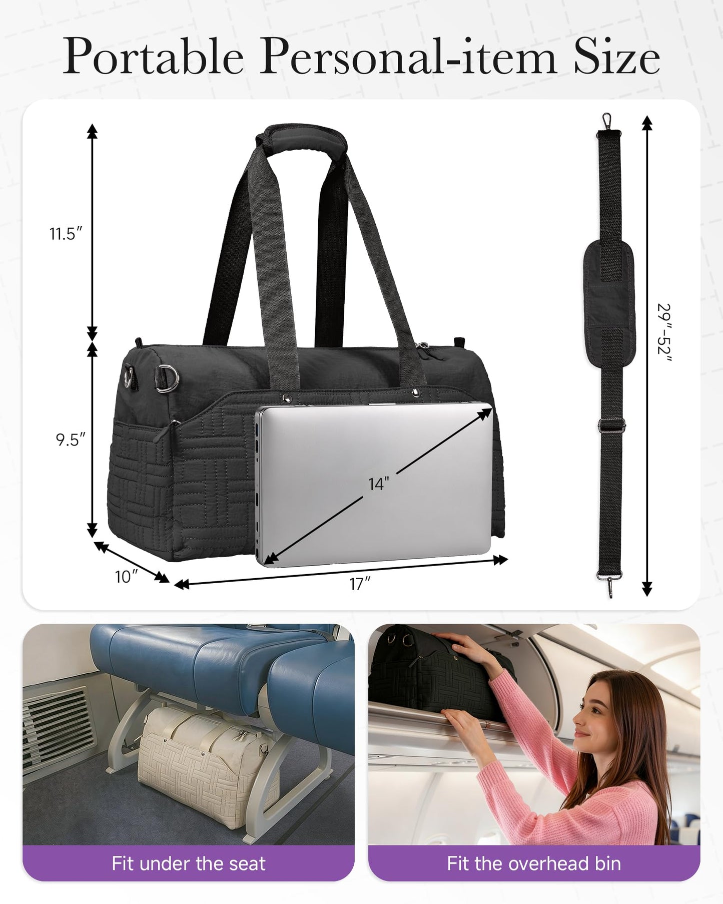Vogewood Carry On Travel Bag for Women, Personal Item Weekender, Black