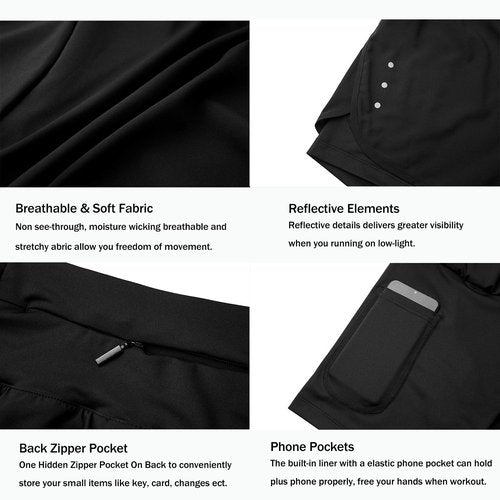Ksmien Women's 2 in 1 Running Shorts - Lightweight Athletic Workout Gym Yoga Shorts Liner with Phone Pockets Black