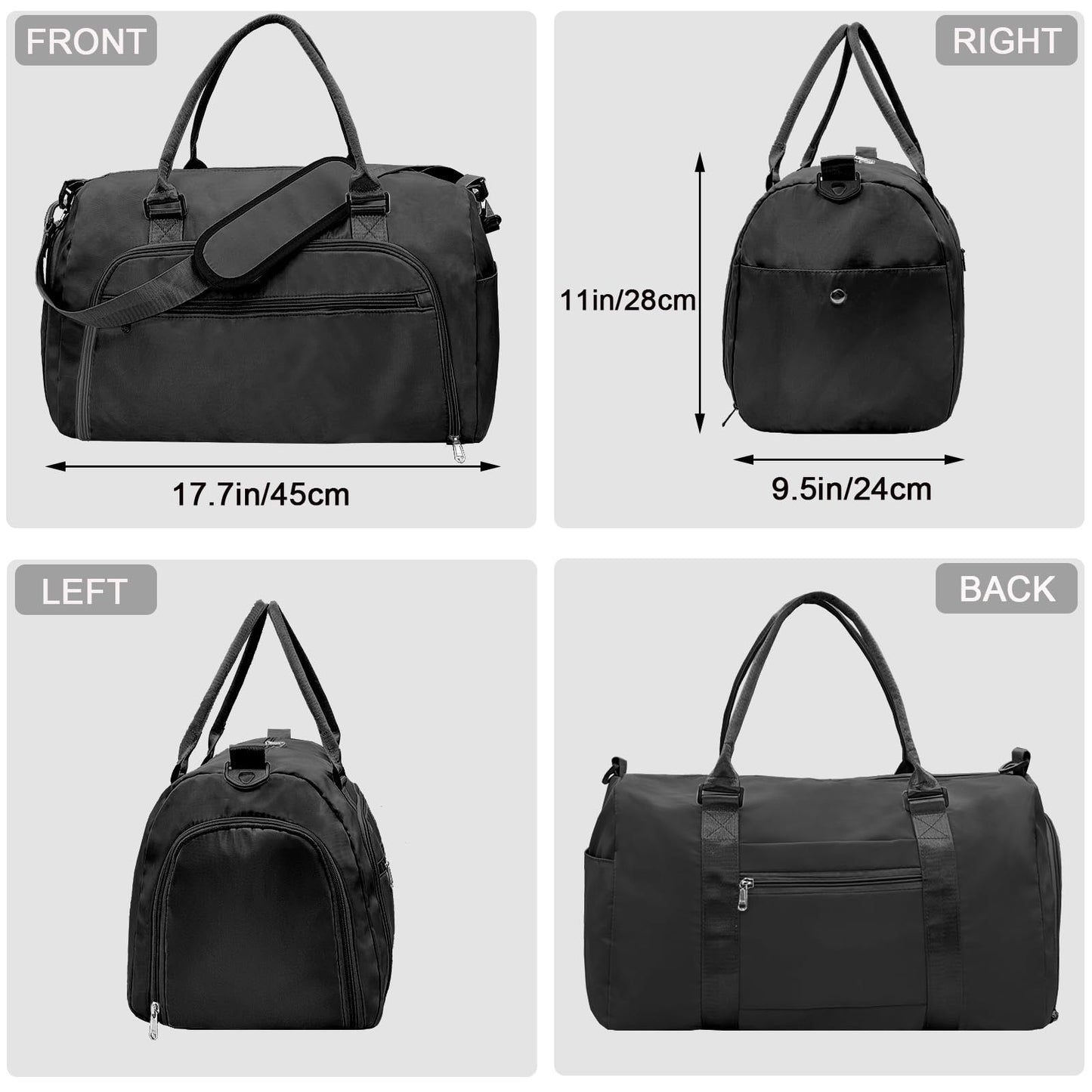 woogwin Small Gym Bag for Men & Women with Shoes & Wet Compartment Waterproof Duffle Bag for Travel Sports Workout Overnight Weekender(17.7'',Black)