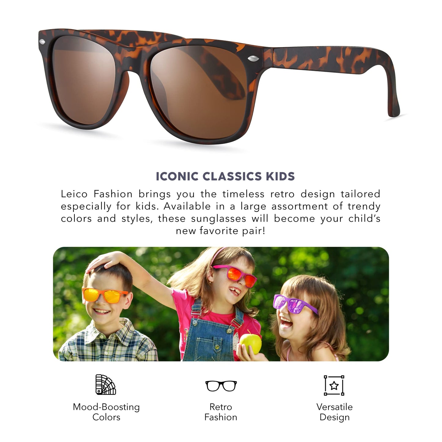 LEICO FASHION Kids Polarized Retro Sunglasses for Boys Girls Age 3-12 Shatterproof Rubberized Frame UV Protection Toddler Children Sun Glasses