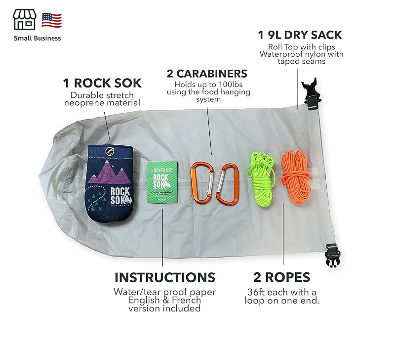 Bear Bag Food Hanging System with RockSok, 2-to-1 Pulley, Carabiners & Ropes