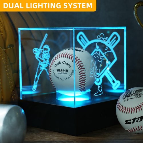 Baseball Display Case with LED Light Baseball Holder Display Case with Engravings, Light Up Baseball Case for Display, UV Protected Clear Acrylic Stand Box for Memorabilia, Softball Golf Baseball Case