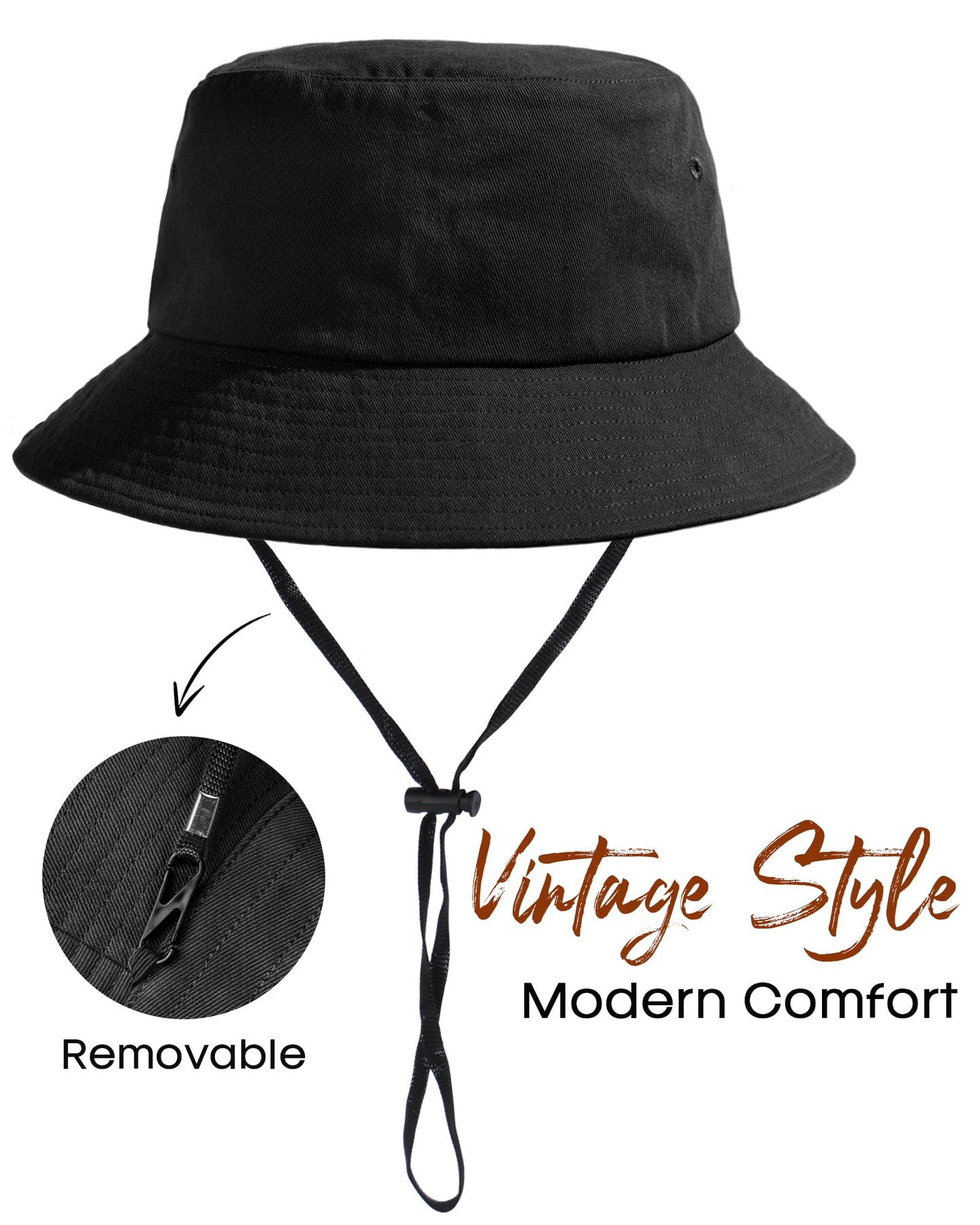 FURTALK Bucket Hats for Women Washed Cotton Packable Summer Beach Sun Hats Bucket Hat with Strings for Travel Black
