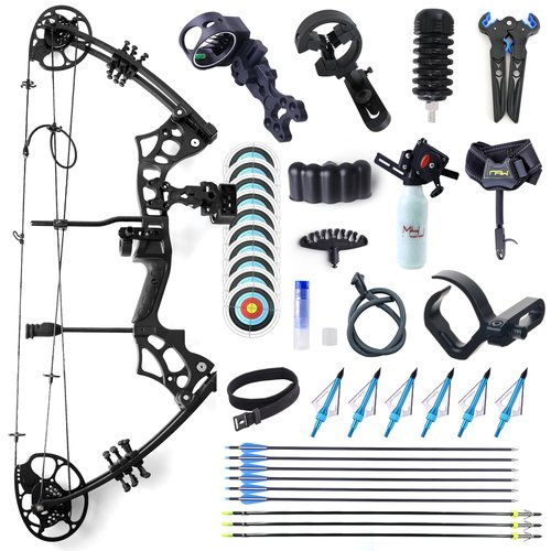 Adult Archery Compound Bow and Arrow Set Bow Fishing Combo kit Adjustable 30-65LBS Composite Bow Combination 19.5 "-30" Drawstring Length Hunting Equipment (Black)