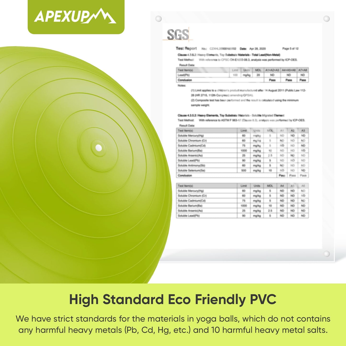 APEXUP Yoga Ball, 660 lbs Anti-Burst Exercise Ball with Pump, 5 Sizes (XXL(31"~34") 85cm, Green)