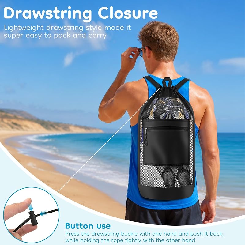 Drawstring Mesh Backpack with Pocket – Gym & Beach Bag, Black - 1pc