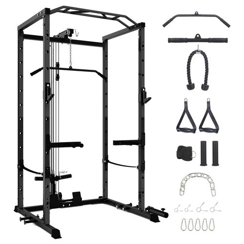 Power Cage with LAT Pulldown, Multi-Functional Power Rack with Cable Pulley System and J-Hooks, Squat Rack with Dip Bars and Landmine Attachment, Weight Cage for Home Gym Equipment (Black)