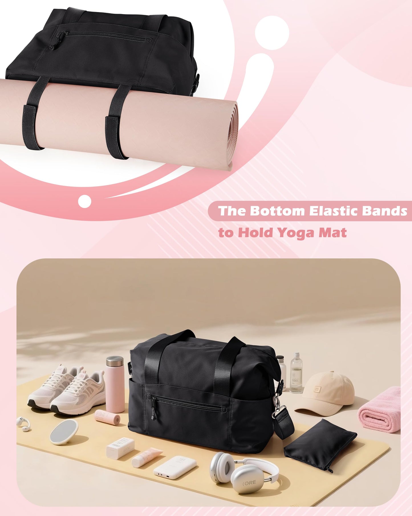 Smasrob Small Gym Bag with Yoga Mat Holder, Wet Pocket and a Separate Pouch, Small Gym Duffle Bag for Women with Detachable Crossbody Shoulder Strap, Black