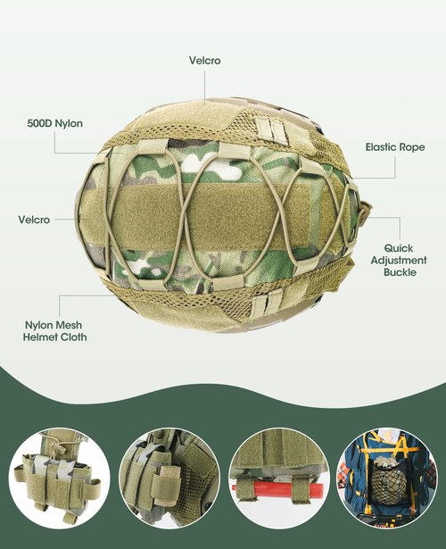 ANZOME Helmet Cover with Battery Rear Pouch and Net Holder, Tactical Cloth Cover for Ops-Core Fast PJ Helmet in Size M/L, OneTigris PJ Airsoft Helmet in Size M/L