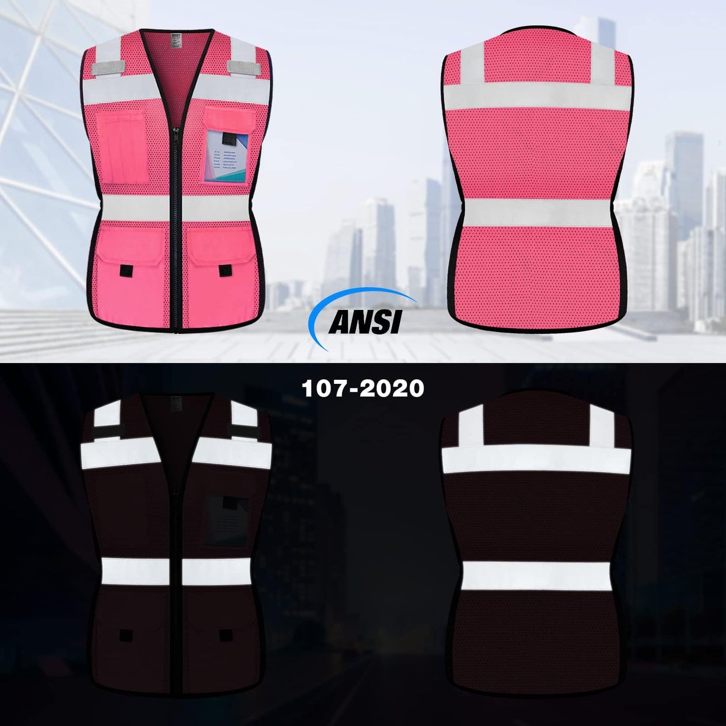 TCCFCCT Women Reflective Vest 11 Pockets High Visibility Mesh Safety Vest for Lady, Neon Construction Work Vest with Zipper, Snug-Fit, Durable with Reinforced Sewing, ANSI Compliant, Pink S