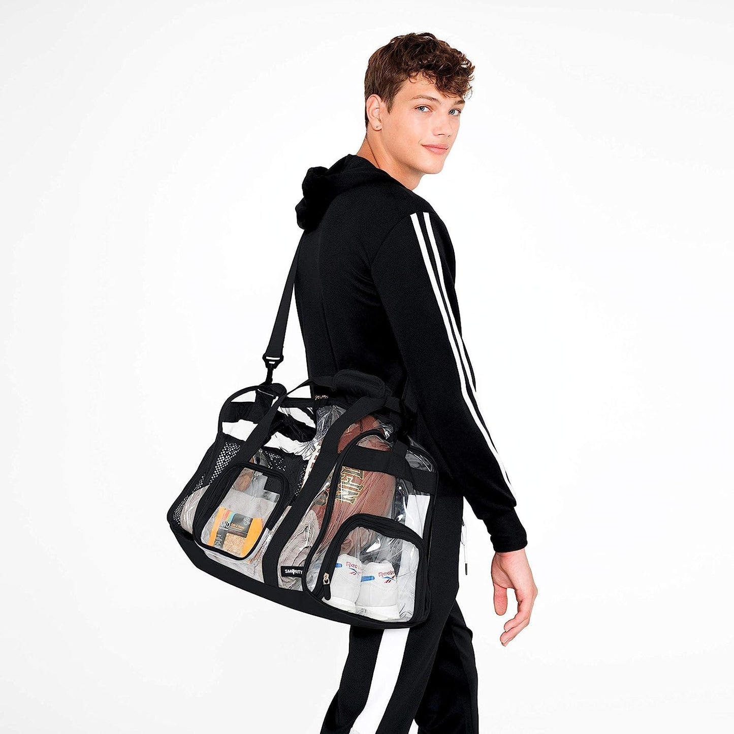 TXSN Heavy Duty Large Clear Duffel Gym Bag with Clear Bottom Transparent All Sides Shoe Pocket Removable Shoulder Strap for Men Women Fitness Security Check, Black