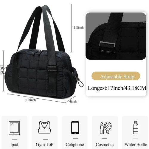 CAMTOP Mini Gym Bag for Women Girls, Small Gym Tote Bag Puffy Quilted Sports Duffel Bag with Wet Compartment and Coin Purse Duffel Bags Dance Yoga Workout Bag (Black)