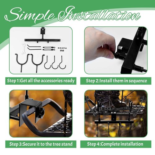 Metal Tree Stand Gun Holder, Rustproof Tree Stand Gun Rest with 6 Organize Hooks Treestand Rifle Holder Hunting Equipment Treestands Accessories for Climbing Stand Men Hunting Gift, Easy Clamps On