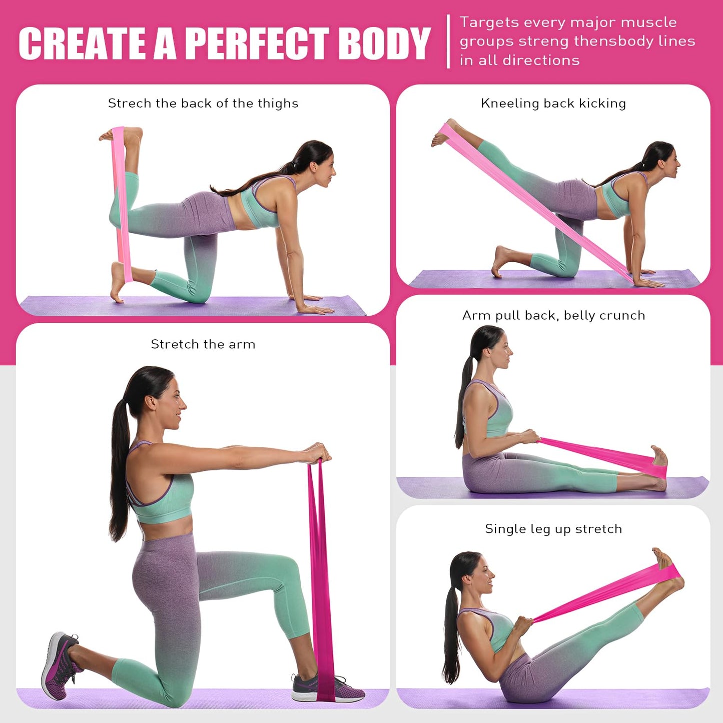 Resistance Bands, Exercise Bands for Physical Therapy Women, Stretch Bands for Yoga, Pilates, Rehab, Fitness, Strength Training, Home Exercise, Elastic Workout Bands at Home Gym