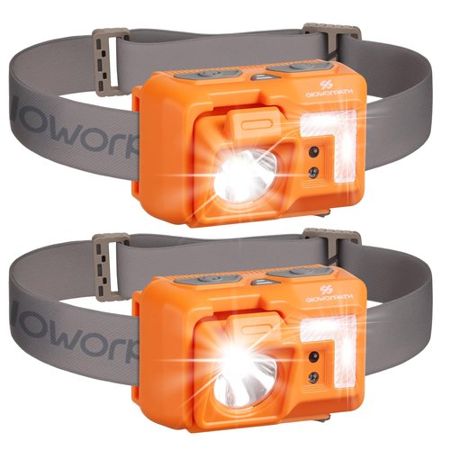 GloworPath Mini Rechargeable Headlamp Flashlight,Super Bright LED,Sensor Control, 5 Light Settings, IPX5 Waterproof & Lightweight, Ideal for Camping, Running & Hiking Outdoor (2 Pack) (Orange)