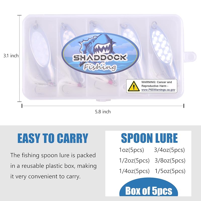 5 Pcs Fishing Spoon Lures Kit - 3/4 oz Reflective Treble Hook Spoons for Saltwater & Freshwater