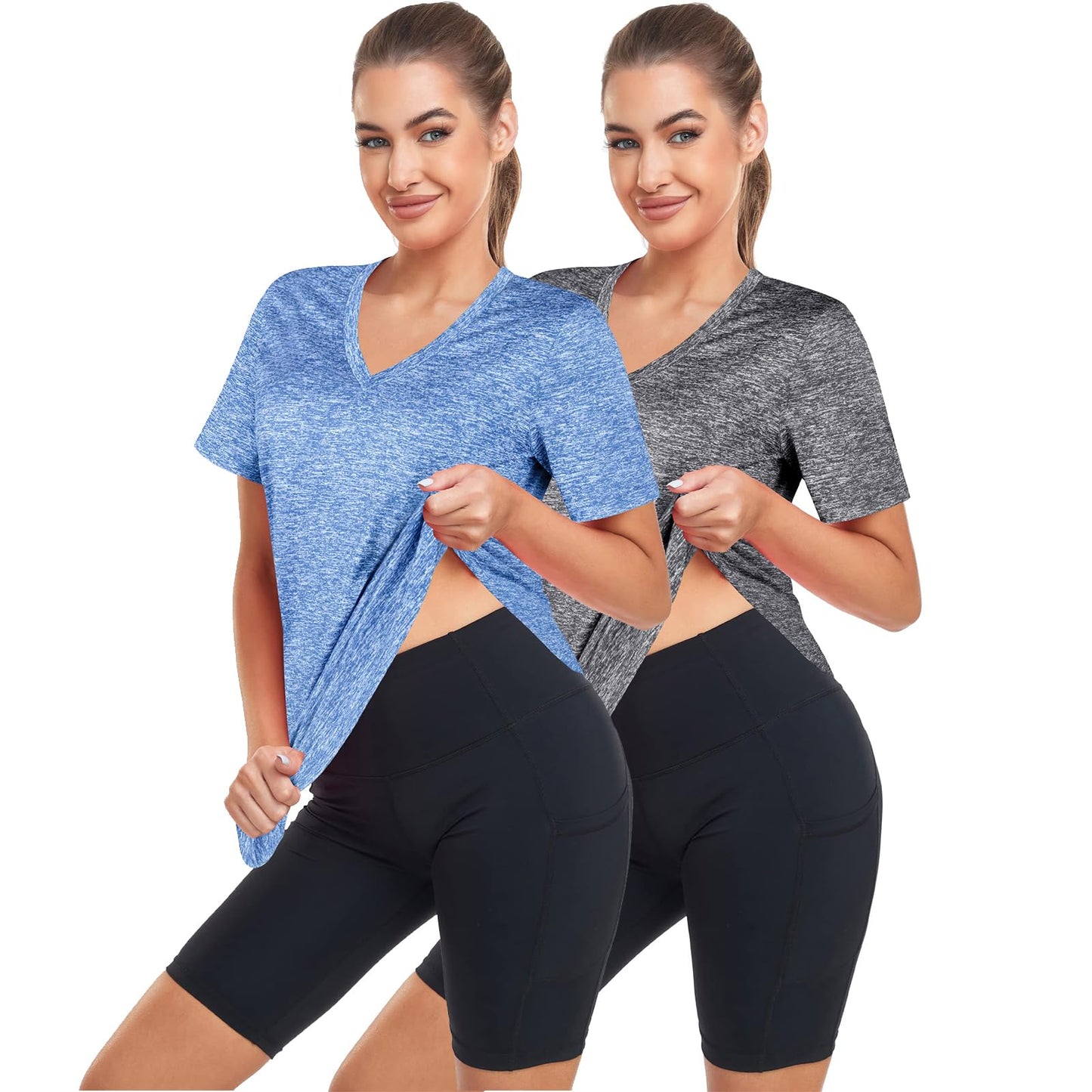 Alovien Short Sleeve Workout Shirts Women Loose Fit, V-Neck Women Exercise T-Shirt Workout Top, Dry Fit Yoga Gym Sport Tops, Grey & Blue,L