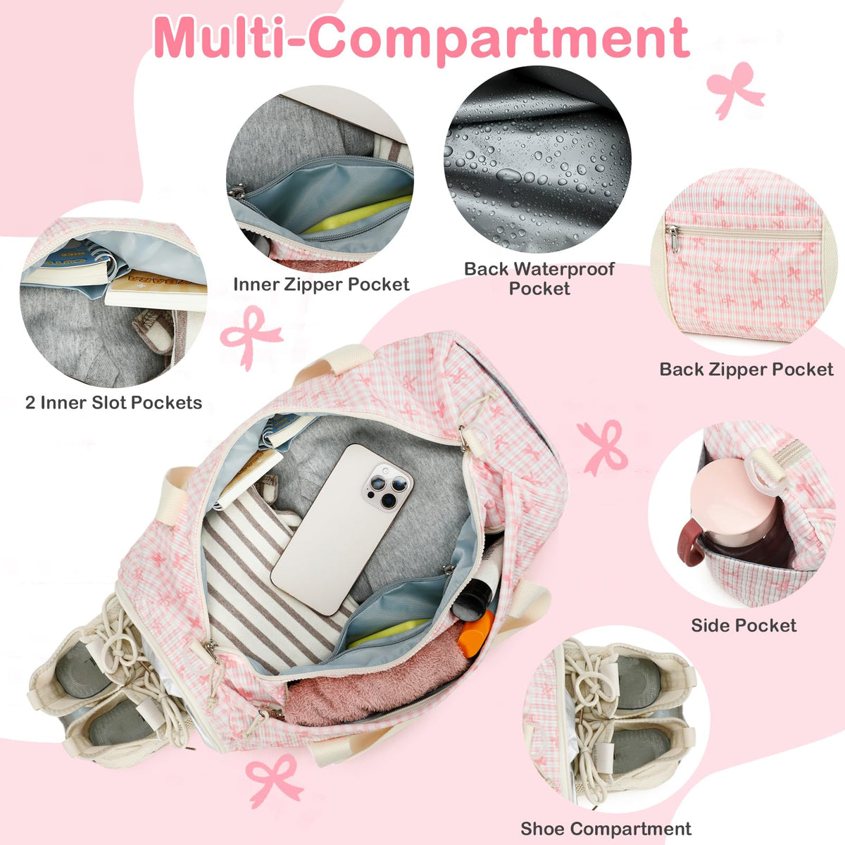 LEDAOU Kids Duffle Bag Girls Overnight Travel Sport Gym Bag Weekender Carry On Shoulder Dance Bag with Shoe Compartment & Wet Pocket (Pink Bow Checkered)