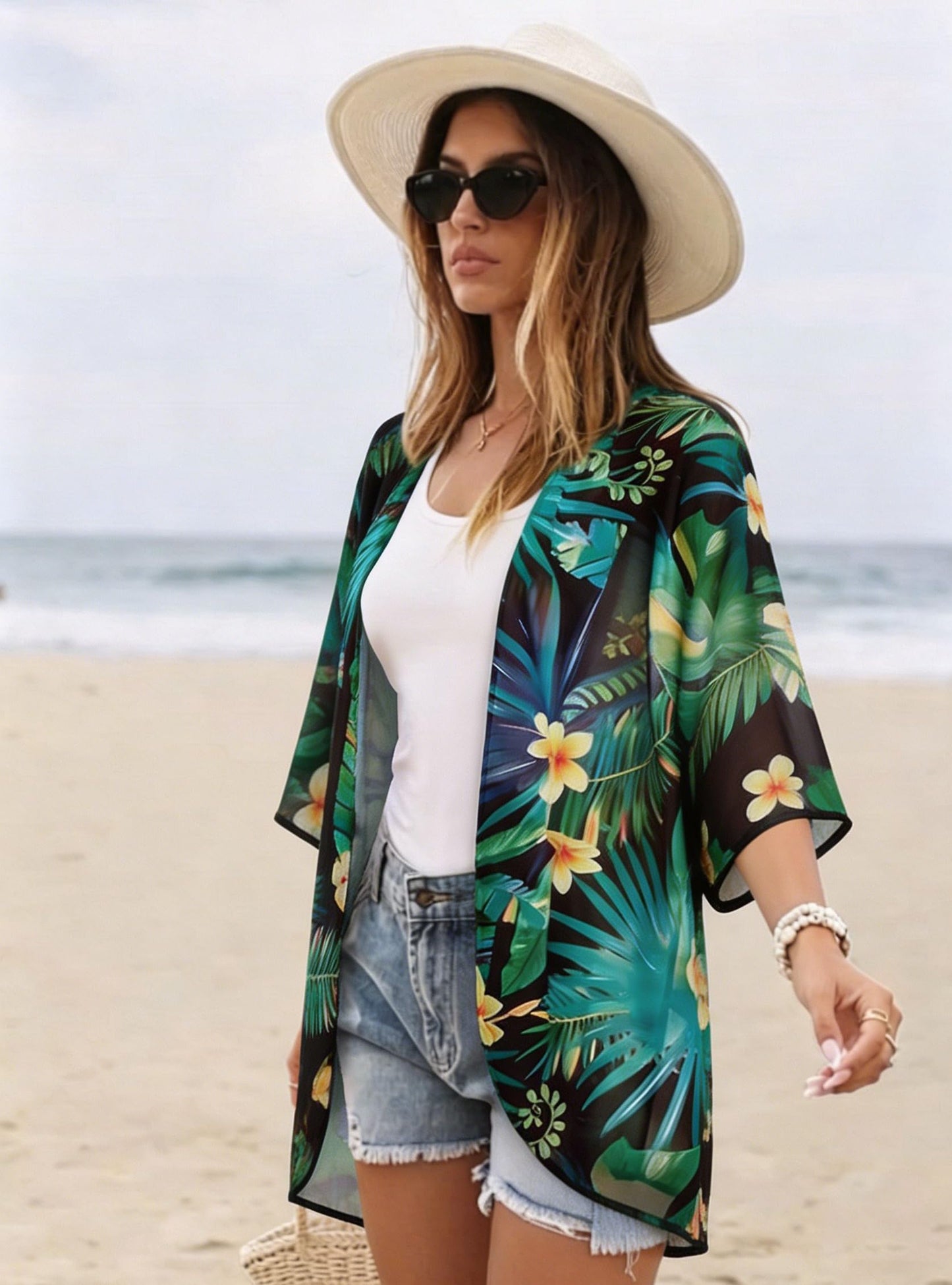 Summer Kimono Cardigan for Women Sheer Light Tops Casual Open Front Swimwear Shirts Beach Cover ups (Blackgreen,4XL)
