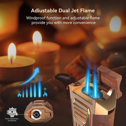 All-in-One Torch Lighter with Punch, Holder, and Draw Enhancer Tool, Adjustable Windproof 2 Jet Flame Lighters, Refillable Lighters Gift for Men(Mahogany)
