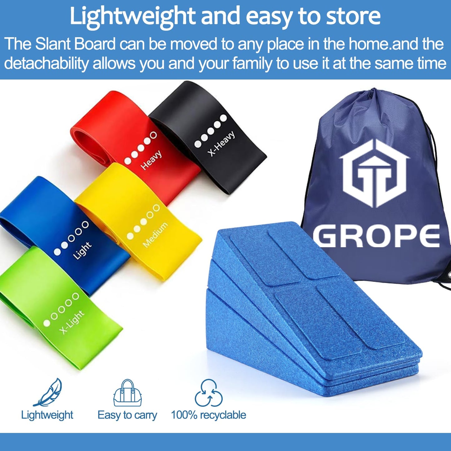 Slant Board Squat Wedge for Calf Stretching，3 Pcs 12" x 6.3" Foot Stretcher Balance Board for Plantar Fasciitis, Adjustable Foam Slant Board Wedge Great for Exercises (Blue With 5 Elastic Band)