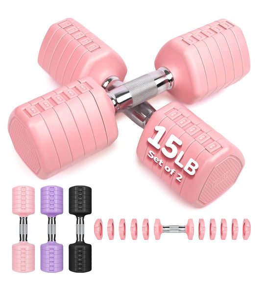 Adjustable Dumbbell Set of 2, 30LBS Hand Weights for Women Men 6-in-1 Free Weight Dumbbells Sets at Home, Each 5lb 7LB 9LB 11LB 13LB 15LB for Home Gym Exercise Workout Strength Training Equipments Pink