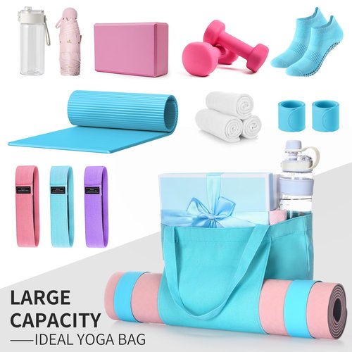 Halloscume Yoga Bag Set for Women Including Yoga Mat Tote Bag Booty Resistance Band Non Slip Sports Socks Silicone Mat Ties for Pilates Travel Workout Office (Green, Blue)