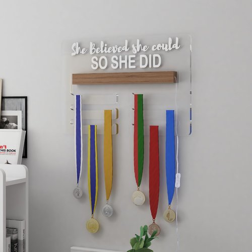 Ammonite She Believed she Could SO SHE DID Light up Medal Hanger Display, Holder Rack for Awards or Ribbons, Sports Themed Ribbon Holder for Wall