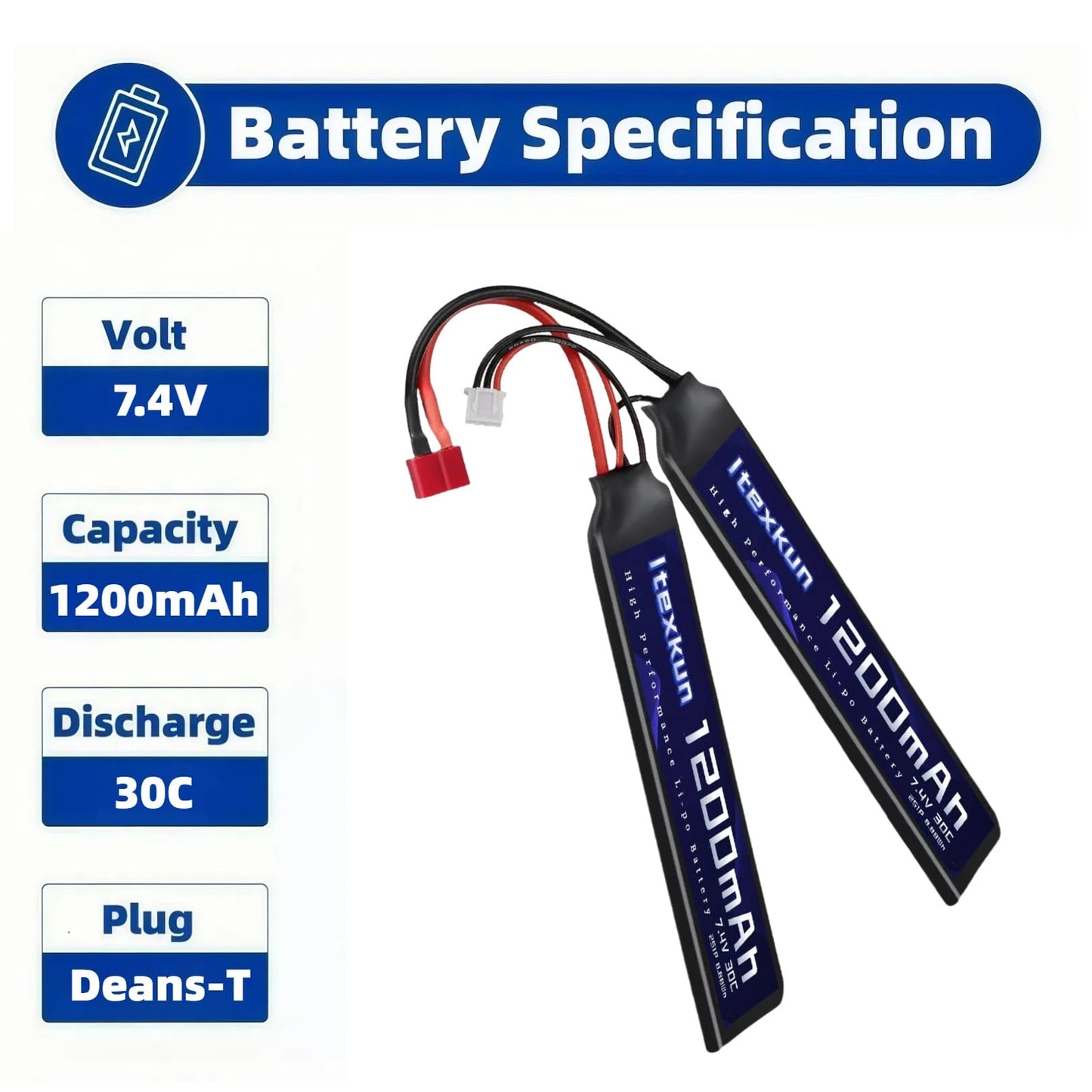 Itexkun 7.4V 1200mAh Airsoft Lipo Battery T Plug Rechargeable 30C High Discharge Rate Lipo Battery with Charger for Airsoft Model Guns