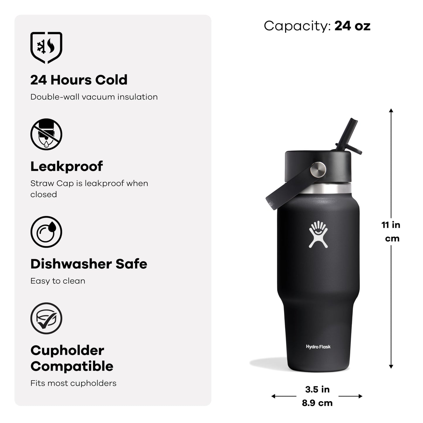 Hydro Flask Travel Water Bottle - Insulated Stainless Steel - Wide Straw Lid, Non Spill, Leakproof in 24 Oz Birch Gray