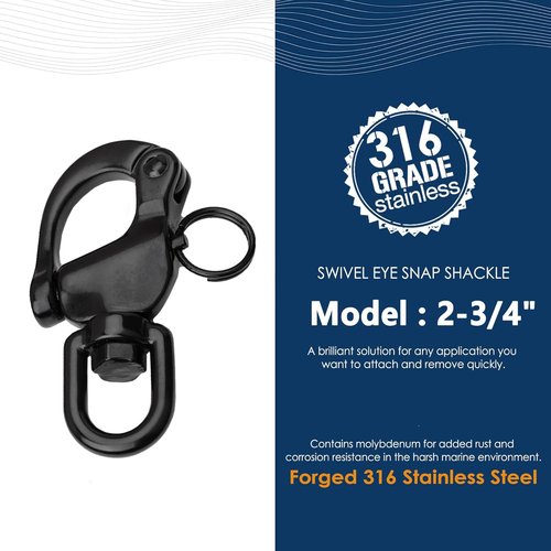 NECMETU Black Snap Shackle 316 Stainless Steel Swivel Shackle Sailing Halyard, Quick Release Snap Hook Boat Shackles Sailboat Hardware for Sailing Rigging Shackles (2-3/4 Inch - 2Pcs)