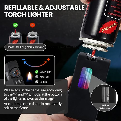 Cool Lighters for Men, Butane Refillable Lighter, Vintage Lighters with Unique Shake Ignition, Visible Gas Tank, Adjustable Wide Flat Soft Flame Lighter, Novelty Gifts Idea for Men Women, No Fuel
