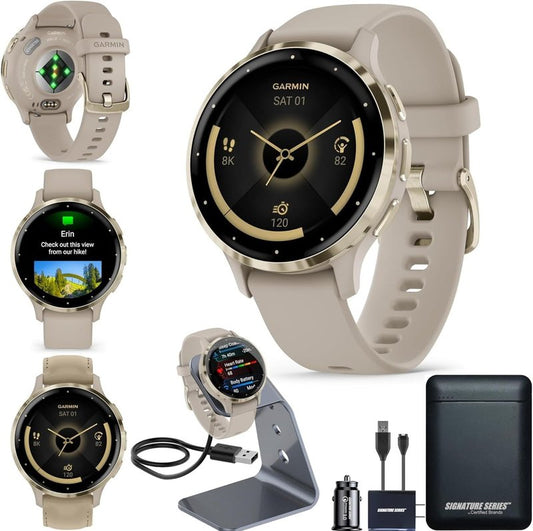 Garmin Venu 3S Running GPS Smartwatch with AMOLED Display, Advanced Health, Fitness Features, Up to 14 Day Battery Life with Signature Power Bundle | Soft Gold with French Gray Silicone Band
