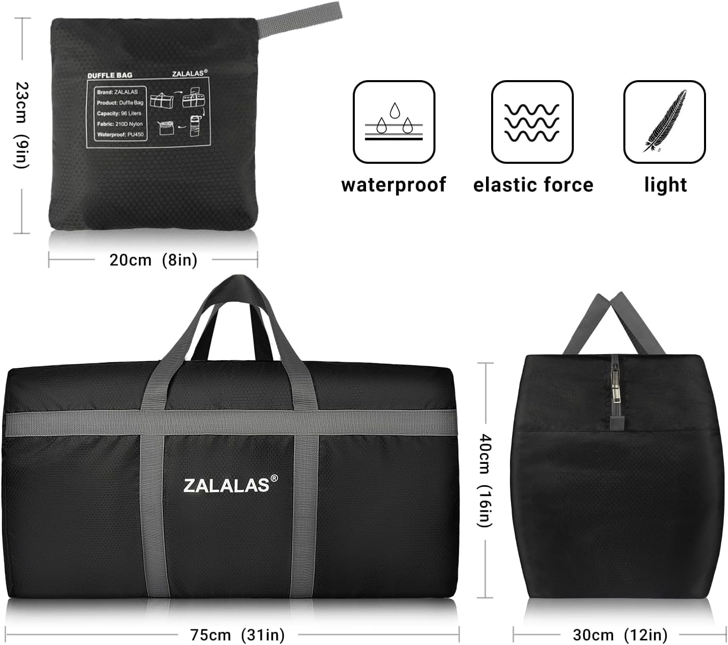 ZALALAS Foldable Duffle Bag, 96L Extra Large Travel Duffel bag Lightweight Weekender Bag for Men Women Water-proof & Tear Resistant,Black