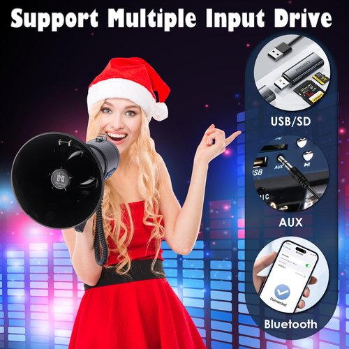 MGROLX 50w Rechargeable Megaphone Bullhorn | Loud Speaker Supports Bluetooth, USB, SD, AUX Input | Built-in Siren and Recording | for Police, Outdoor and Cheerleading (Black)