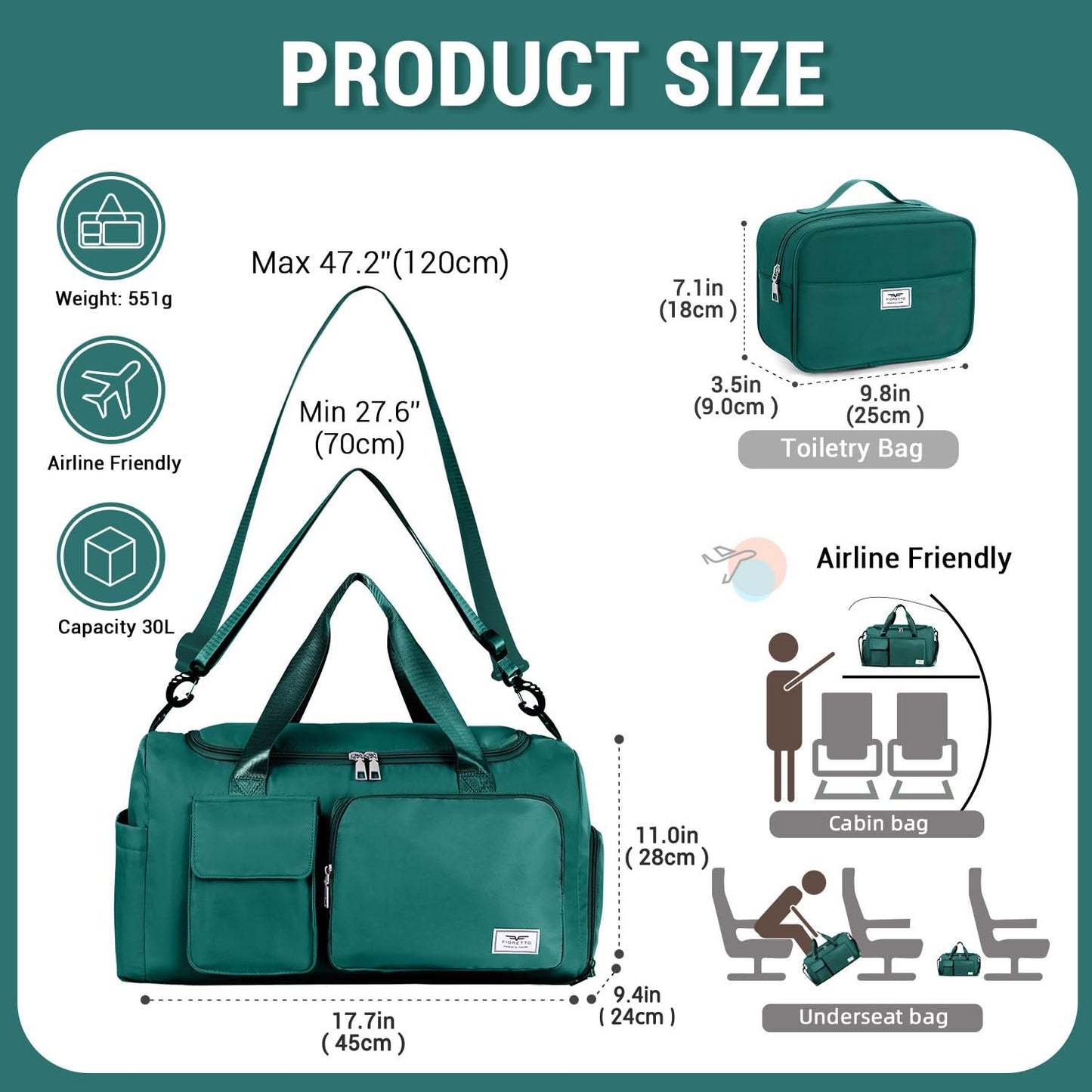 FIORETTO Women's Gym Duffle Bag with Shoes Compartment, 30L Capacity, Ideal for Travel, Gym, Sports, Duffel, Weekender, with Toiletry Bag, Turquoise
