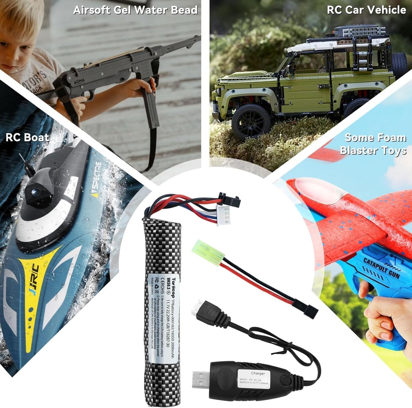 11.1v Battery Gel Blaster - Airsoft Batteries 11.1 Volt 2000mAh with Charger and Mini Tamiya Connector to SM-2P Plug Conversion Cable for Water Bead Splatter Ball 2 Pack
