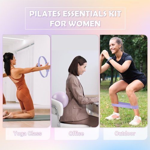 Pilates Essentials Kit for Women, 13.5" Pilates Ring and Ball Set with Resistance Bands for Home Workouts, Portable Pilates Kit with Bag & Training Poster for Full Body Exercise (Purple)