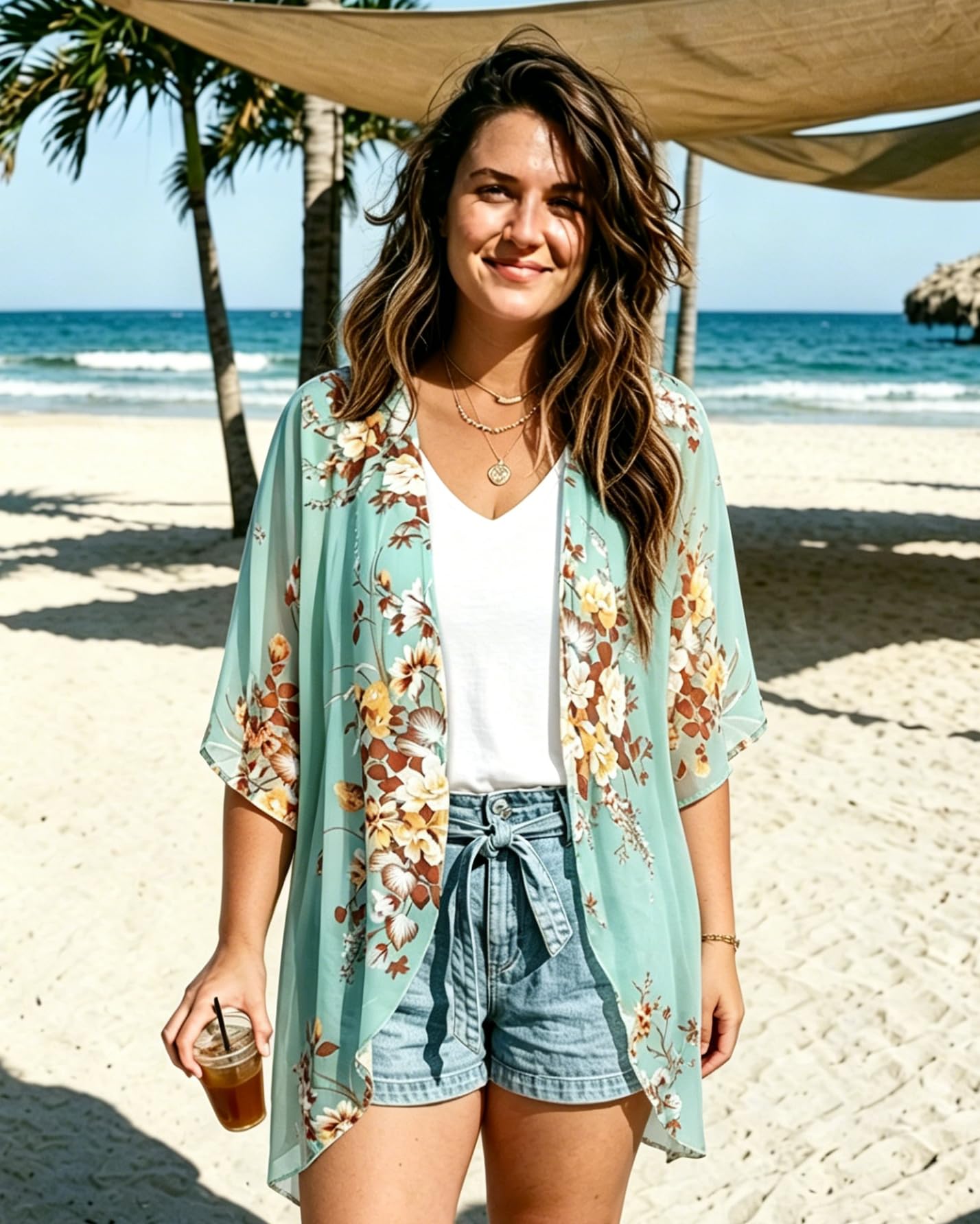 Womens Kimonos Bathingsuit Cover Ups Floral Cardigan 3/4 Sleeves Shrug Summer Tops Resortwear(Aqua Blue,M)