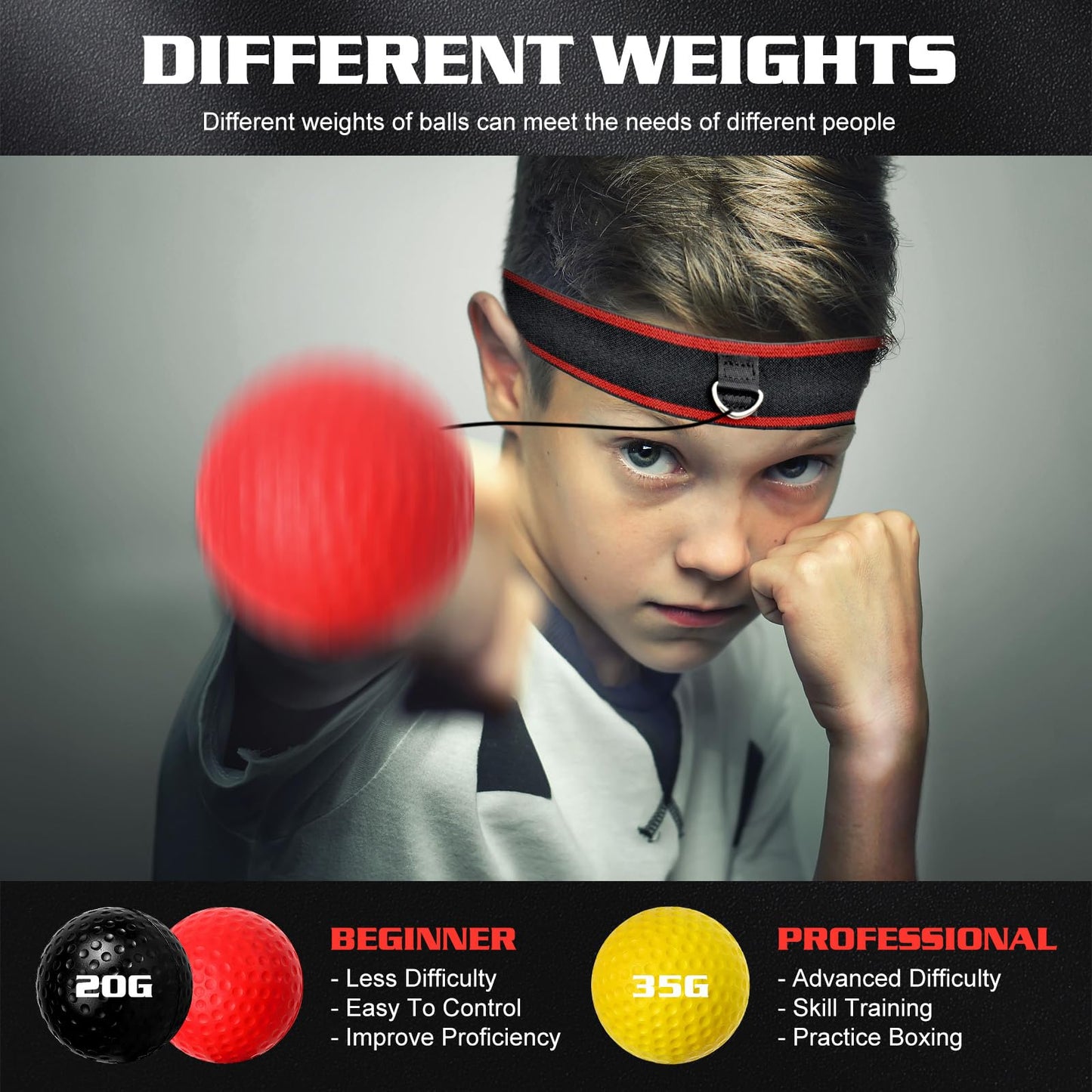 KTEBO® Boxing Reflex Ball Headband Set - Includes 4 Different Balls, 2 Adjustable Headbands and 2 Boxing Hand Wraps for Beginner Proficiency Improvement, Great Boxing Equipment