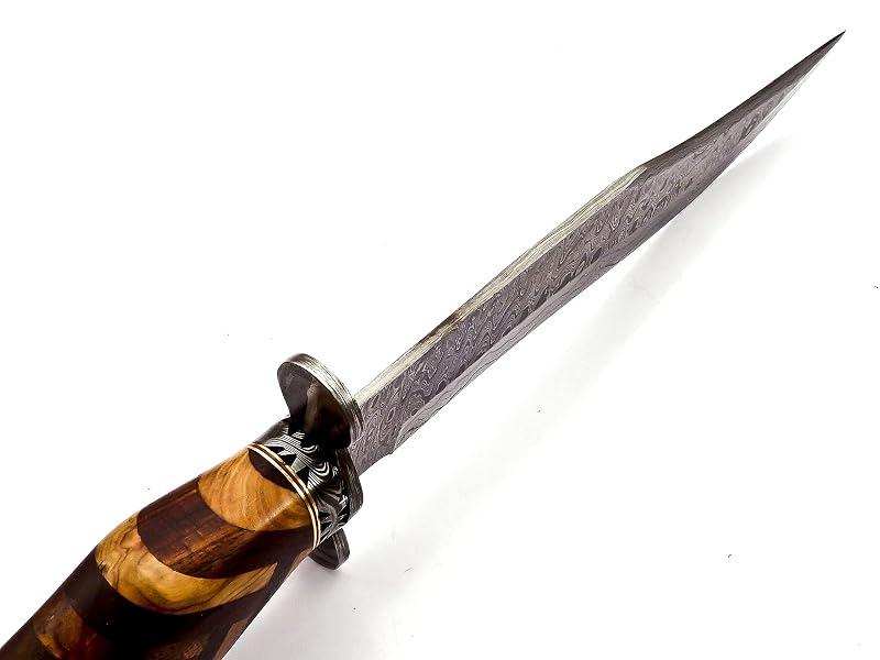 Damascus Fixed Blade Hunting Knife with Rosewood Handle & Leather Sheath – 15in Overall