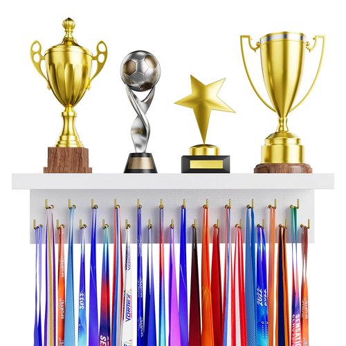 DSVENROLY Medal Holder Display Trophy Shelf Organizer, Sturdy Wooden Medal Hanger Rack with 25 Steel Hooks, Wall Mount Awards Race Storage Stand for Sports Fans, Cheer Success（White Golden Hooks）